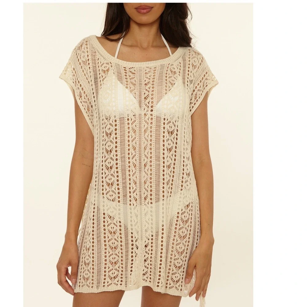BECCA Boho Bliss Tunic Cream Swim Cover Up‎ Dress Women's Size Med-Large